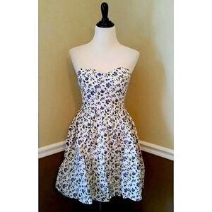 Beige Strapless Blue Floral Sweetheart Bust Party Dress by Alythea from ModCloth